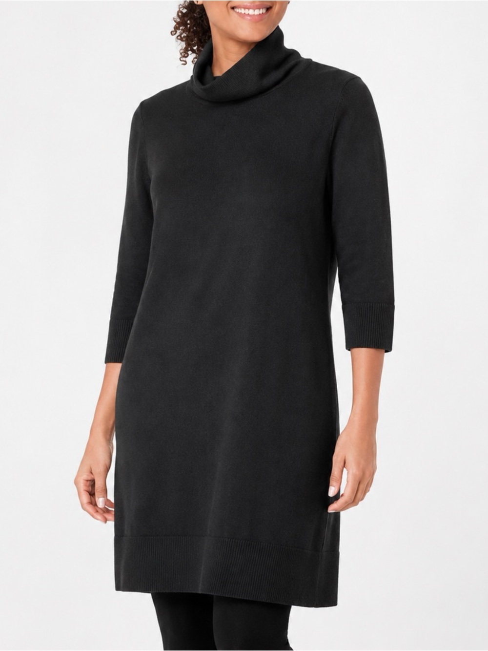 J. Jill Black Soft Knit Sweater Dress M Cowl Neck 3/4 Sleeve Cotton Blend NWT